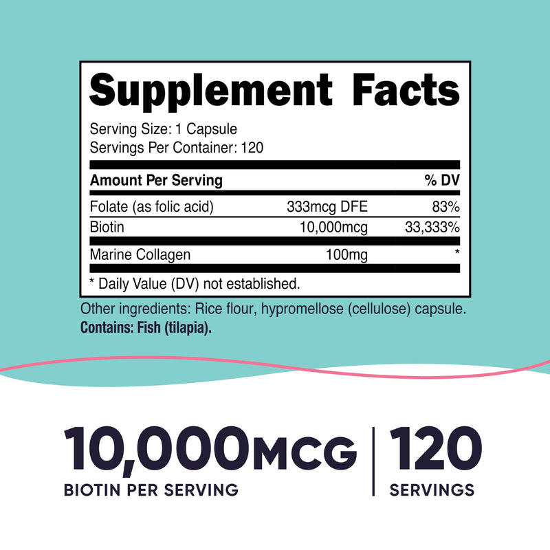 Nutricost Biotin for Women (10,000mcg) 120 Capsules, with Folate & Collagen | Gluten-Free, GMO-Free