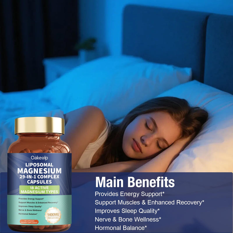 29-in-1 Liposomal 18 Active Types Magnesium Complex 1400MG Capsule,Citrate Glycinate Malate etc,Mild & Efficient,Extra Vitamin B6 B12 D3K2 & CoQ10, Relaxation Nerve* & Hert* Support 18 Types Magnesium Unflavored 120 Count (Pack of 1)