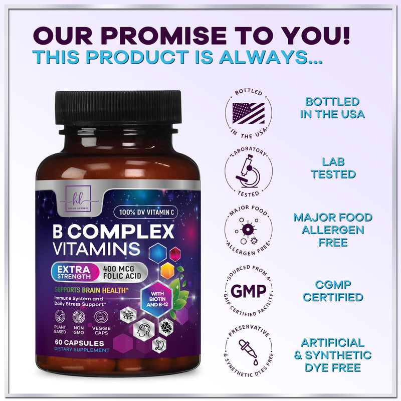 B Complex Vitamin Supplement - 3X Strength with Biotin, Vitamin C & Folic Acid - Super B12 Complex Vitamins for Energy, Supports Hair Growth, Immune Support for Women & Men, USA Bottled, 60 Capsules 60 Count (Pack of 1)