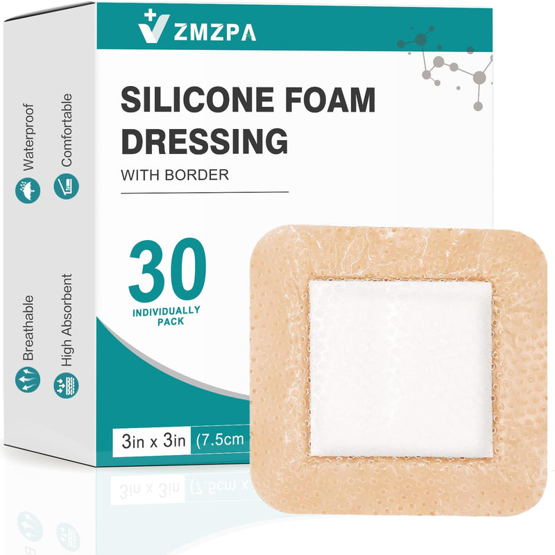 Silicone Foam Dressing 3x3 Gentle Border, Super Absorbent Wound Dressing, Bed Sore Patches, Waterproof Silicone Bandages for Wounds Care, Self Adhesive Pressure Sore Pads (30) 30 - BeesActive Australia