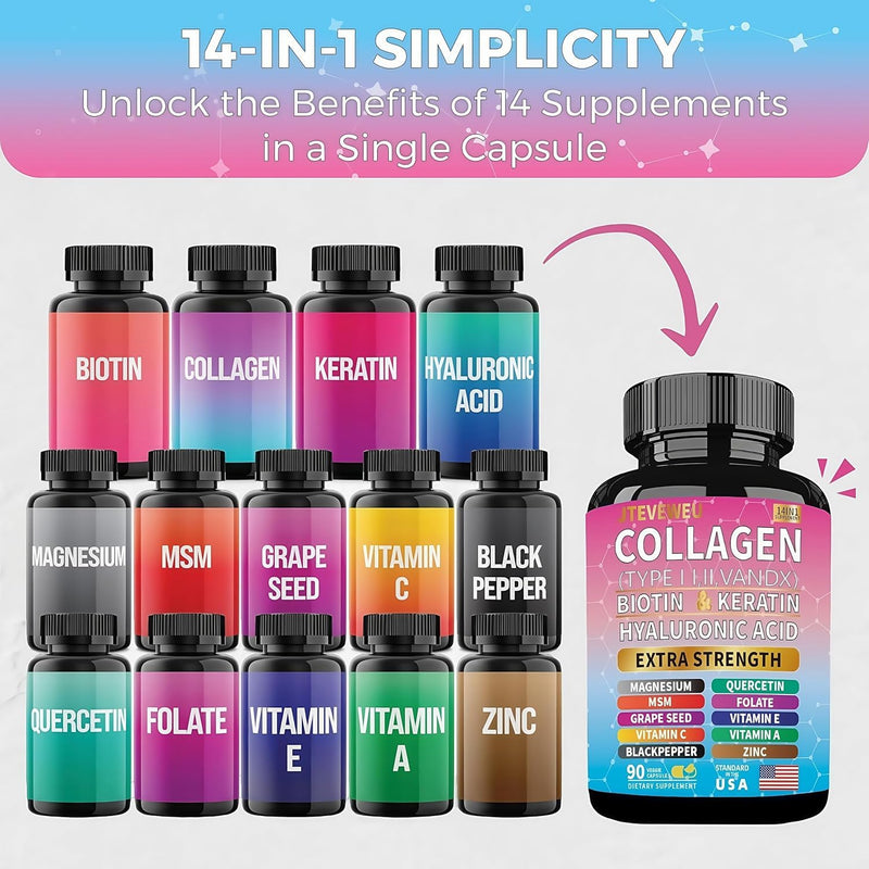 Collagen Supplement - Type I, II, III, V and X - with Biotin, Keratin, Hyaluronic Acid & 13+ Extra Strength Ingredients - （180 Capsules） 90 Count (Pack of 2)
