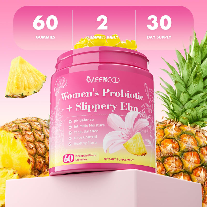 MEENCCD Her Juicy Feminine Probiotics Gummies with Slippery Elm & Lactobacillus Blend, Supports pH Balance & Immune Function, Promotes Vaginal Wellness, Pineapple Flavor, 60 Count