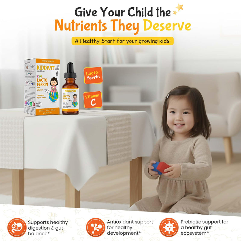 Lactoferrin Kids Liquid Drops with Vitamin C – 30 Daily Servings, 2 FL OZ (60 mL) – Immune & Digestive Support – Sugar Free, Gluten Free