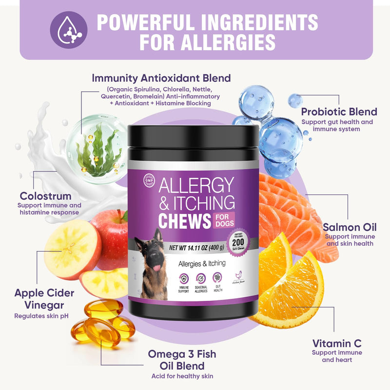 Dog Allergy Chews 200ct - Dog Allergy and Itching Skin Relief Anti Itch Aller Immune Bites for Dogs licking Paws Treatment Relief Itchy Chew Probiotics Vitamins for Skin and Coat Allergies - Chicken 2 g/capsule 200pcs