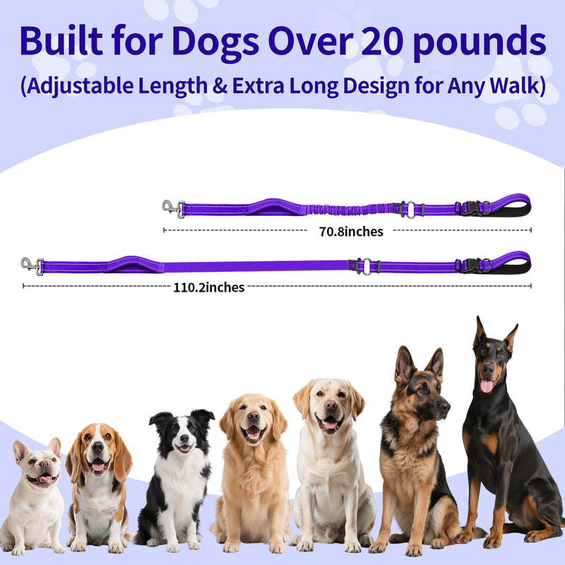 Kazazoo Hands-Free Dog Leash with 6-9FT Adjustable Length - Heavy Duty No Pull Bungee Design, Reflective Safety for Walking, Jogging & Training | Suitable for Medium to Large Dogs Purple L PRUPLE