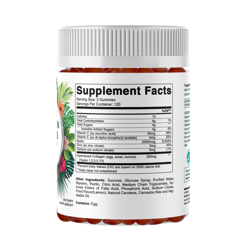 Vitamatic Hydrolyzed Collagen Gummies with Vitamin C, Zinc and Biotin, 200 mg - Healthy Skin Support - 240 Gummies