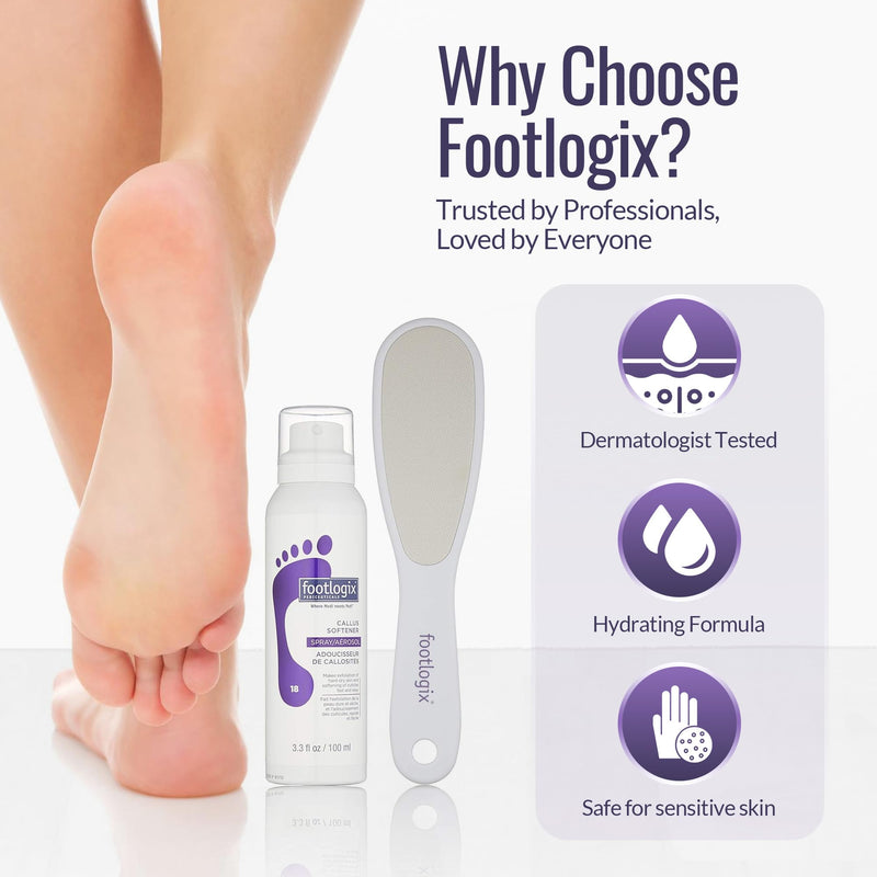 Footlogix Foot Care Callus Softener Combo - Callus Remover Spray & Double-Sided Foot File for Dry, Cracked Heels, Pedicure Tools for Feet, Foot Exfoliator White