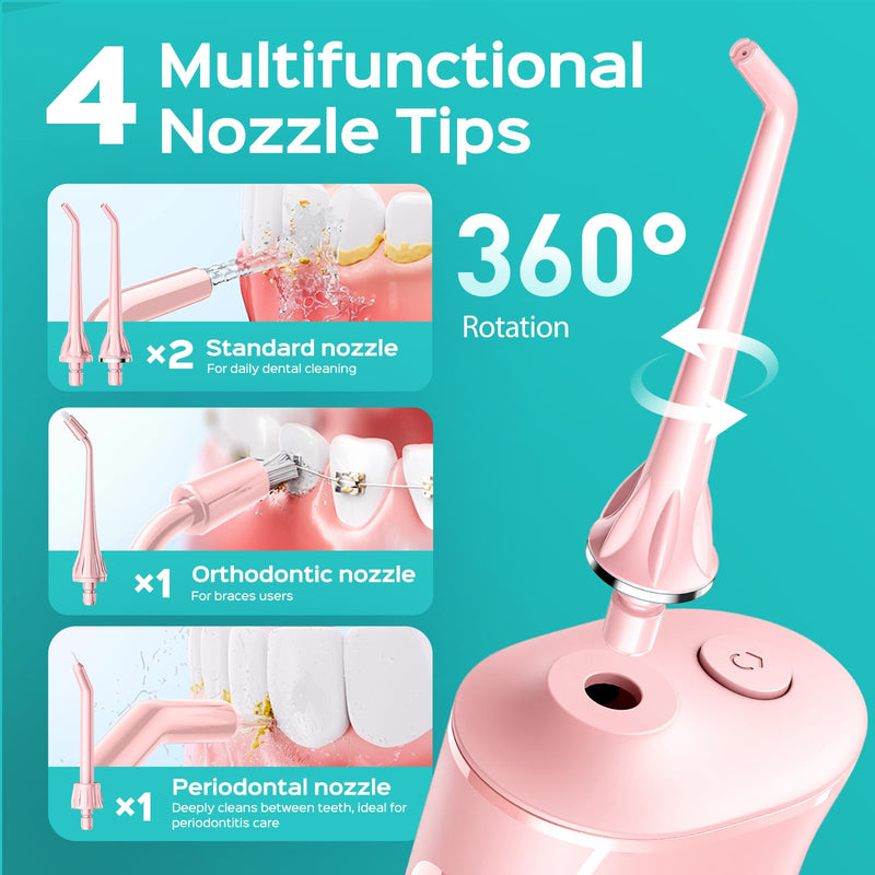 COSLUS C50 Portable Water Flosser for Teeth: 4 Modes & 5 Intensity Levels Professional Electric Dental Pick for Sensitive Gums, Braces & Orthodontic - Cordless for Travel Use, BPA-Free Pink