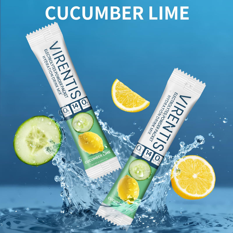 16 Sticks Electrolytes Powder Packets Sugar Free Hydration Packets Liquid Daily IV Electrolyte Drink Mix for Rehydration with 8 Electrolytes & 6 Vitamins, Low Sodium, Cucumber Lime