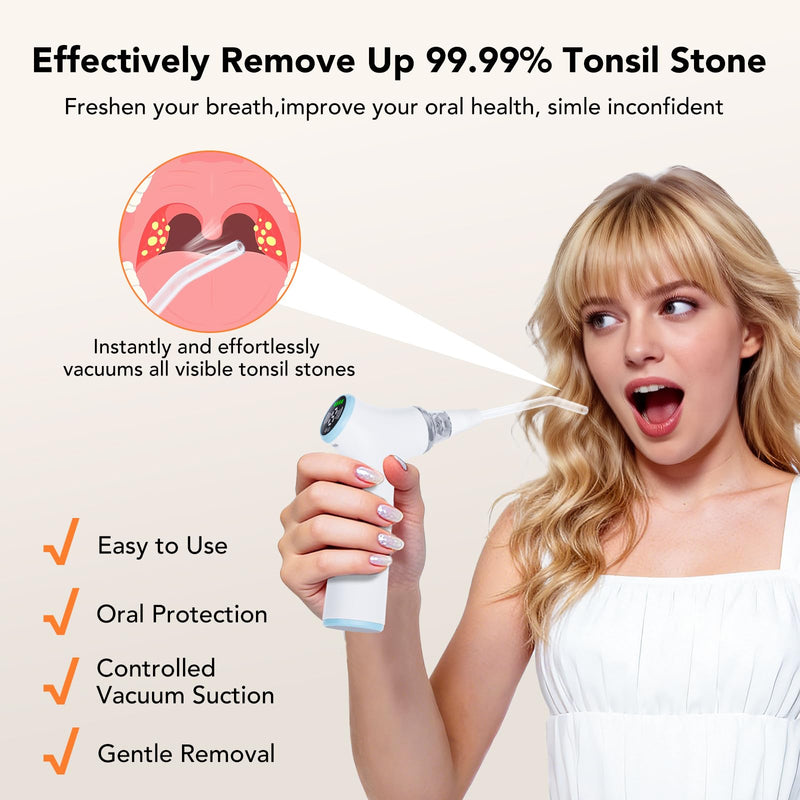 Electric Tonsil Stone Remover Vacuum – 8 Suction Levels with LED Light, Safety Pause Button & Oral Protection | High-Precision Tonsil Stone Removal Kit with 13 Attachments for Painless Cleaning White - BeesActive Australia