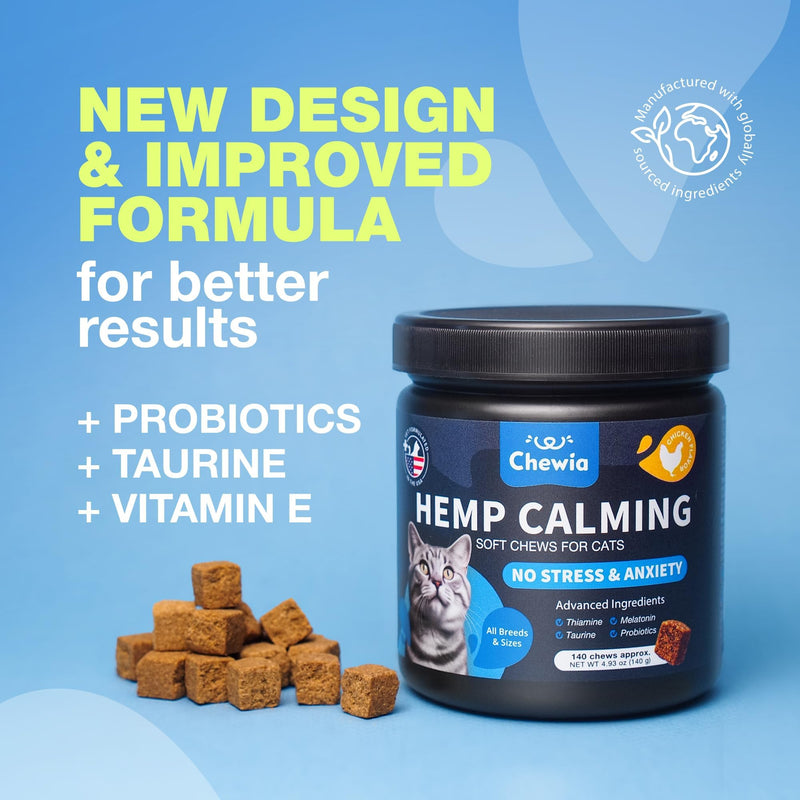 Cat Calming Treats - Hemp Calming Care for Cats - Cat Melatonin Soft Chews with Hemp Seed Oil and Probiotics - Cat Anxiety Relief - Storms, Travel, Grooming, Separation - Calming Chews for Cats 140 count