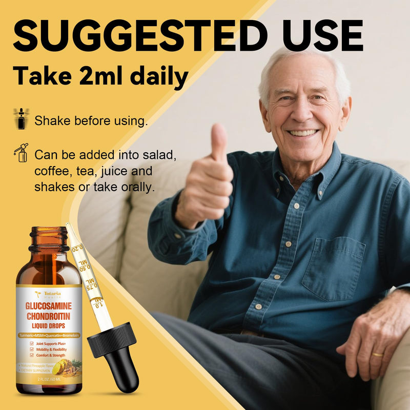 Glucosamine Chondroitin MSM Liquid Drops, Vitamin D3 - Joint Support Supplement for Mobility, Flexibility & Bones Chondroitin Sulfate Supplement Turmeric, Quercetin, Bromelain, MSM Oil 2 FL.OZ 2 Fl Oz (Pack of 1)