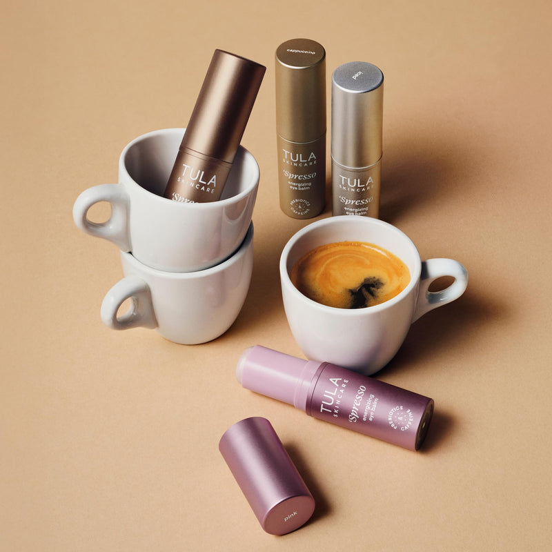 TULA Skin Care Spresso Energizing Eye Balm - Energizing & Hydrating Caffeine Under Eye Treatment for Dark Circles, Portable and Perfect to Use On-the-go, 0.35 oz. Cappuccino - Golden Glow