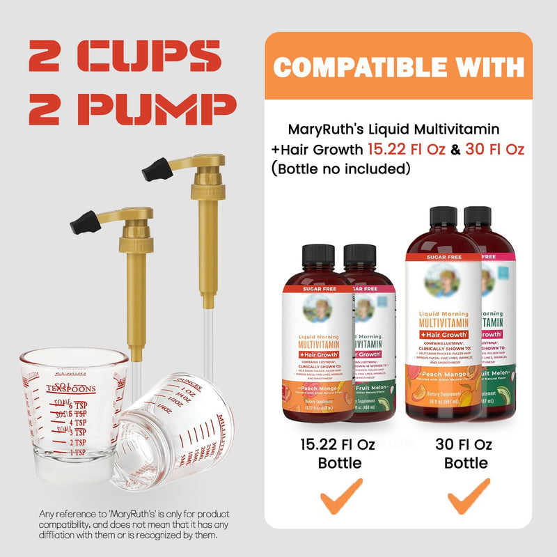 2 Pack for MaryRuth Liquid Multivitamin, 1ml Pump & Shot Glass Set | Food-Grade Glass, Leakproof Pump, 4-in-1 Measuring Cup (ml/oz/tsp/tbsp), for MaryRuth 15 & 30 fl oz Bottles
