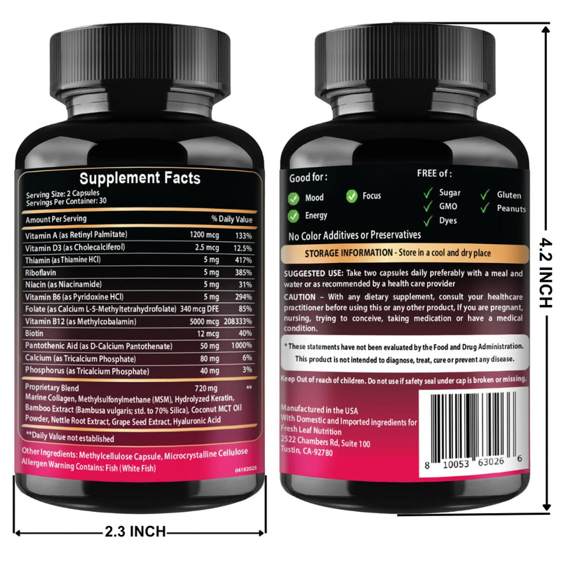 Vitamin B12 with Hyaluronic Acid and Collagen - 25000 mcg B12 Complex, 60Ct | Maximize Absorption & Energy - Folate, B1, B2, B3, B6, B7, B12 Vitamins 5000 mcg Methylcobalamin - Gluten Free 60 Count (Pack of 1)