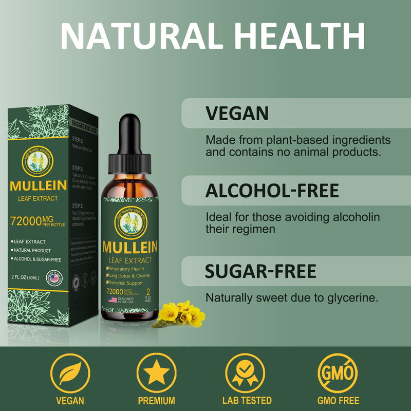 Mullein Drops for Lungs- Mullein Leaf Extract for Lungs-Support Lung Cleanse & Respiratory Function for Healthy Breathing | Non-GMO | Vegan | 2 fl oz Unflavoured
