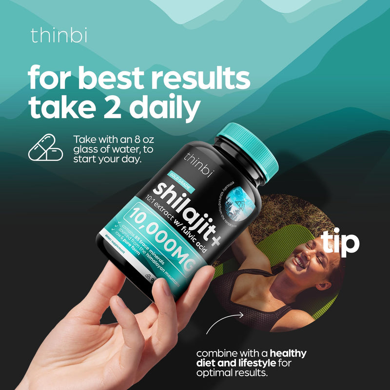 Thinbi Pure Himalayan Shilajit 10000mg Maximum Potency Organic Capsules 90 Count with Fulvic Acid & Trace Minerals for Enhanced Energy and Immune Support Men & Women Better Than Shilajit Resin