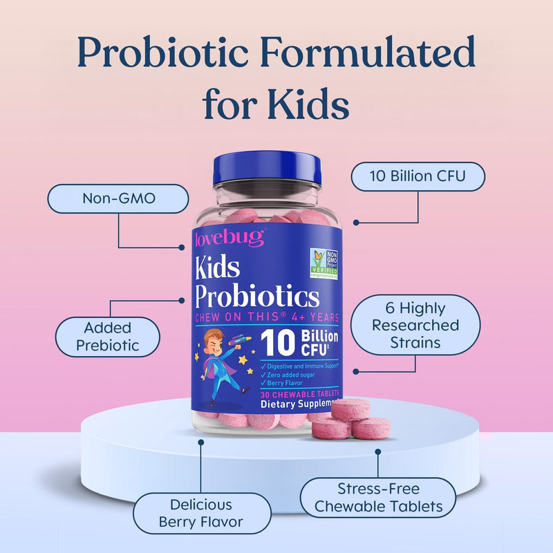 LOVEBUG Probiotics for Kids – Probiotic Chewables with Prebiotic Fiber for Age 4+, Daily Children's Gut Health, Constipation, Digestive & Immune Support Supplement, Sugar-Free Berry Flavor, 60 ct 60 Count (Pack of 1)