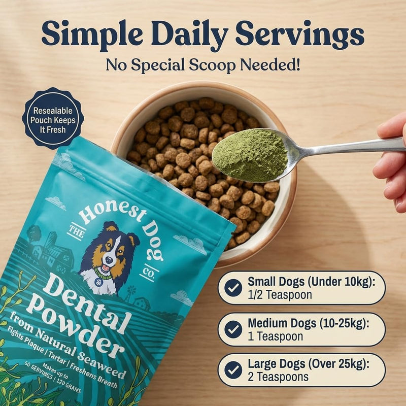 Honest Dog Co. Dental Powder for Dogs - Easy Seaweed Food Topper for Fresh Breath, Plaque & Tartar Removal | Natural Teeth Cleaning & Gum Health | Made in UK | 120g (up to 60 servings)