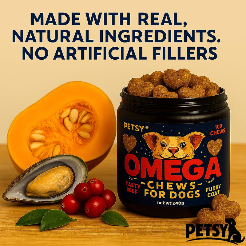 PETSY OMEGA 3 For Dogs Antioxidants Supplement UK, OMEGA 3 6 9, Daily Natural Wellness Treats 120 Supplement Heart Kidney Digestion vision Mobility Chews Puppy Adult Senior