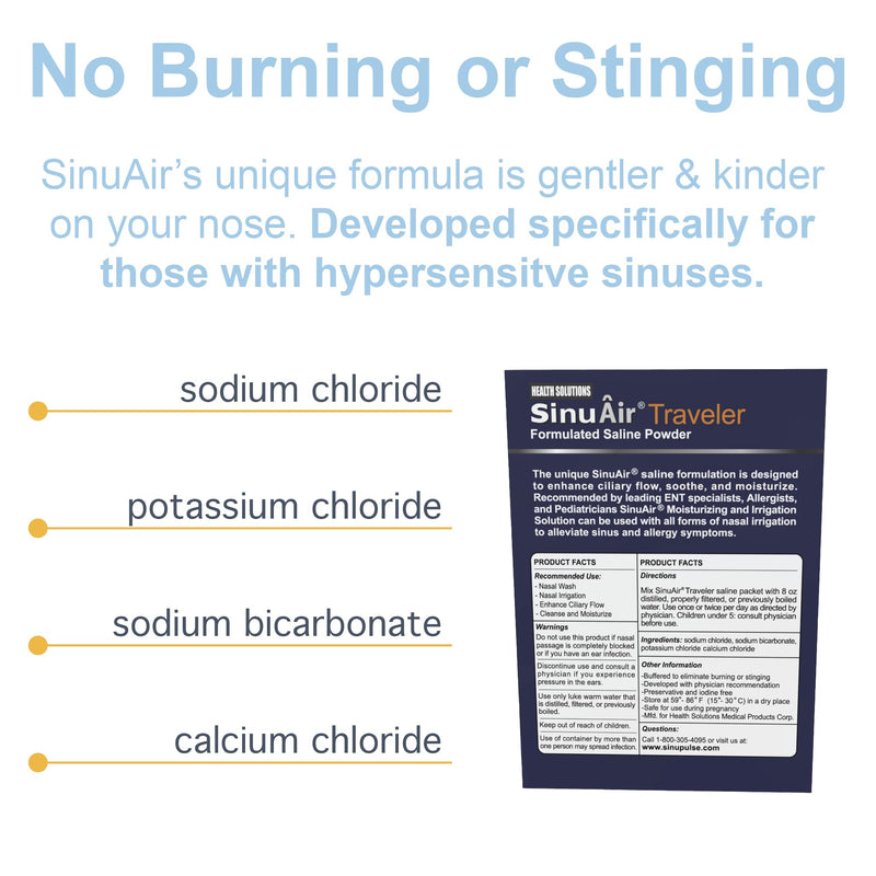 Health Solutions SinuAir 2.5 Gram Saline Packets - Sodium Chloride with Potassium & Calcium, Salt Solution Powder Refill Packs for Nasal Irrigation Machine, 90 Packets 90 Servings - BeesActive Australia