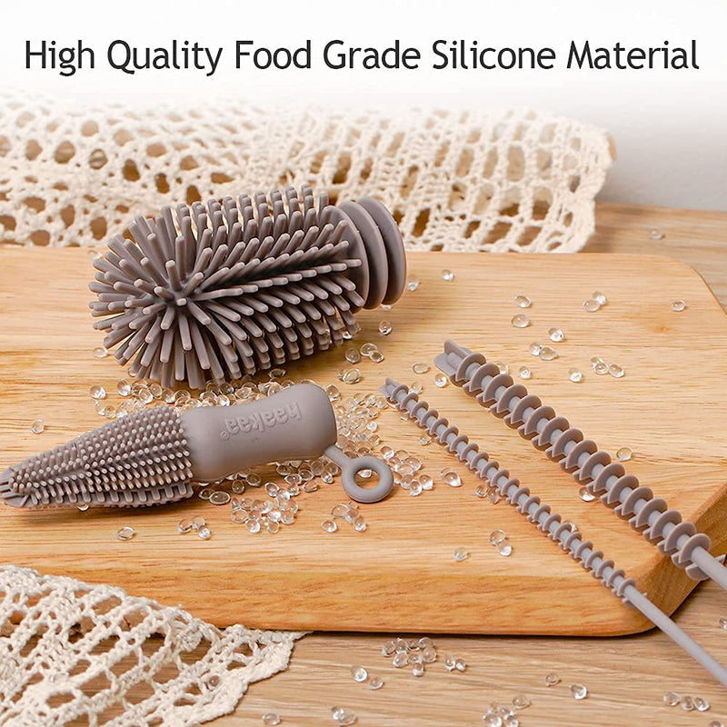 haakaa Silicone Cleaning Brush Kit - SUVA Grey - Bottle Brush for Breast Pumps, Breast Milk Collector, Baby Bottles, Nipples, Breastmilk Storage Bags - BeesActive Australia