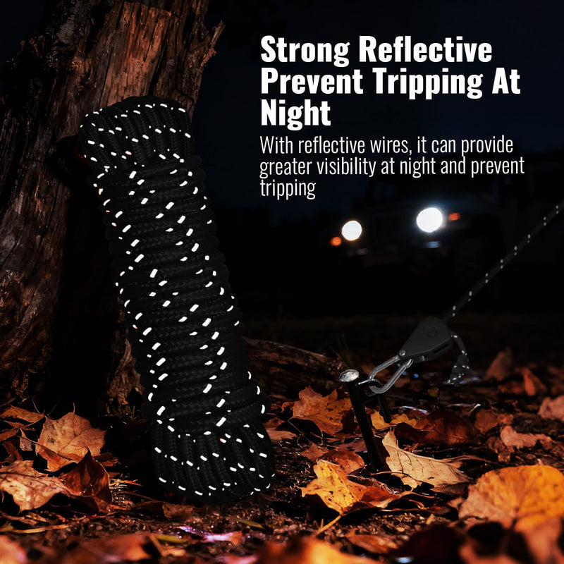 Camping Rope Reflective Tent Rope Guyline with Ratchet Pulley, Tarp Tie Down Ropes for Tent Tarp, Canopy Shelter, Camping, 13ft Adjustable Guy Line for Canopy Tent 4 Pack Guy Lines Tents Cords Black-4 Pack