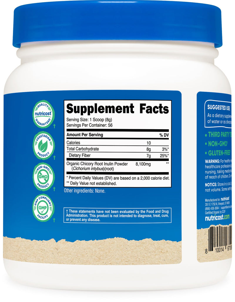Nutricost Organic Inulin Powder 1LB (454 Grams) 7 Grams of Fiber Per Serving - from Chicory Root - Certified USDA Organic