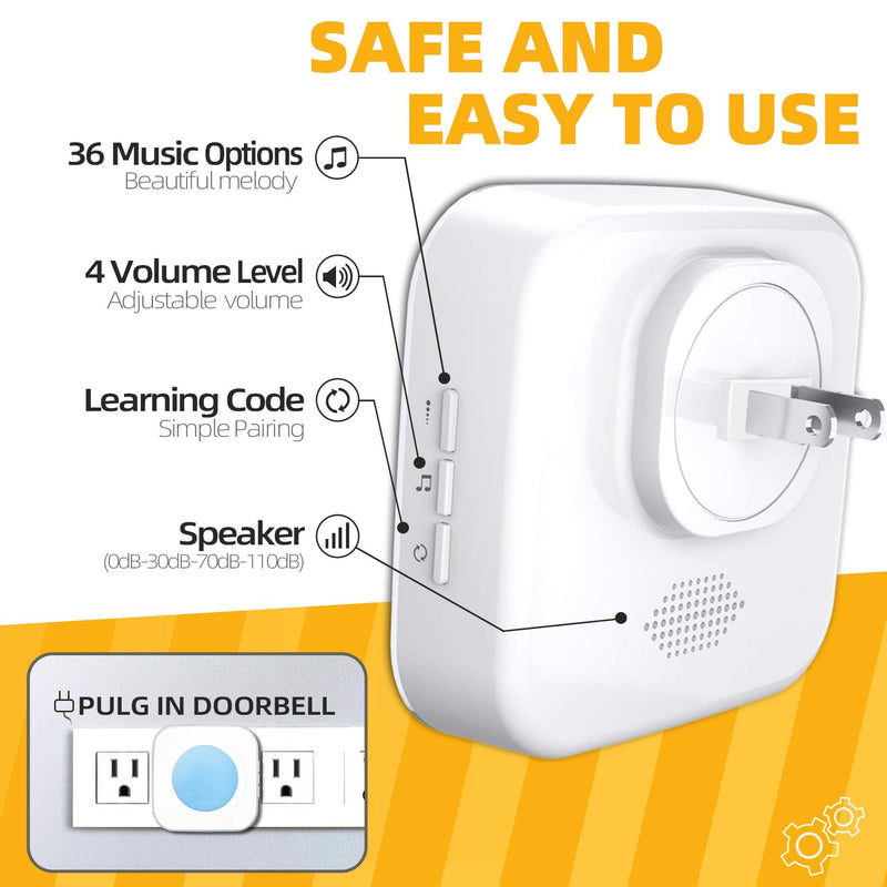 Wireless Doorbell with Flashing Light 1200Ft Door Bell for Dog Touch Bell Communication Doorbell with 1 Battery Waterproof Button & 1 Plug in Receiver white - BeesActive Australia