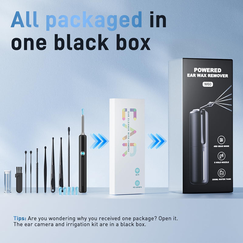 Ear Wax Removal - Electric Ear Irrigation Flushing System with 4 Pressure Modes, Ear Cleaner with Camera, 1080P Otoscope, Ear Cleaning Tool with 7 Pcs Ear Set, Safe and Effective Earwax Removal Kit Black