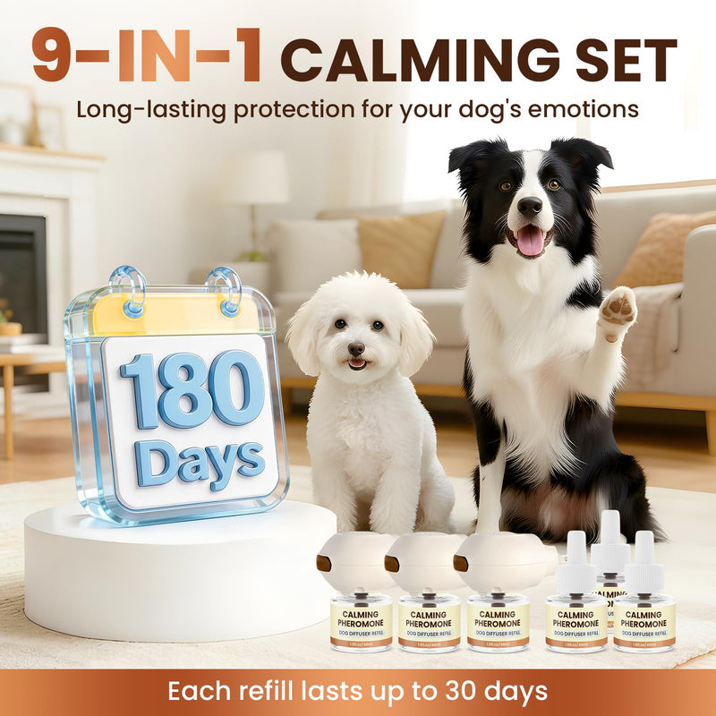 Dog Pheromones Calming Diffuser to Calm Dogs 9 IN 1 Kit (3 Diffusers+6 Refills) Pheromone Plug In for Stress Barking Pee Accidents Chewing Aggression Separation Anxiety Relief 180 Days(Odorless) Odorless