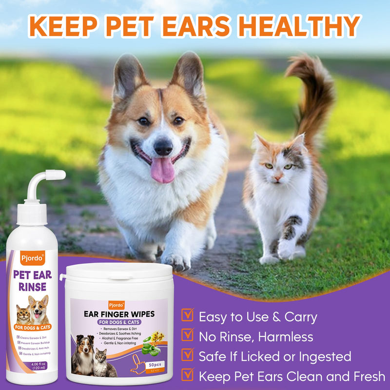 Dog Ear Cleaner Kit - Dog Ear Finger Wipes and Ear Cleaner Solution for Dogs and Cats, Gently Remove Ear Wax & Debris, Soothe Ear Itching, Deodorize, Pet Ear Wash with Aloe Vera & Witch Hazel - BeesActive Australia
