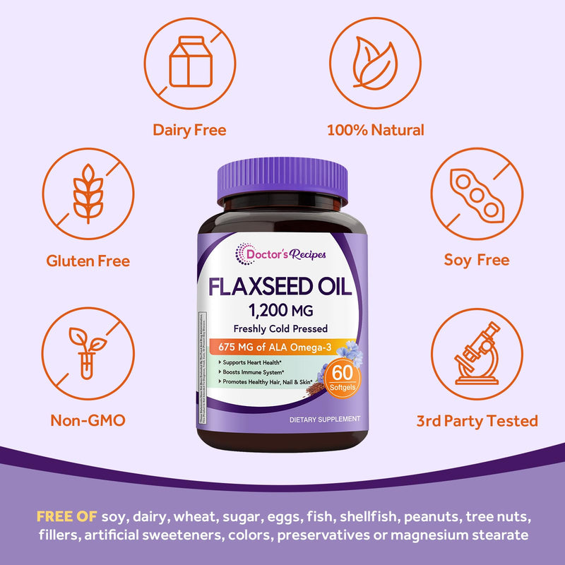 Doctor's Recipes Flaxseed Oil, 1200 mg, Freshly Cold Pressed, High in ALA, Omega 3 6 9, No Gluten, No Soy, for Heart Health, Non GMO, 60 Softgels 60 Count (Pack of 1) - BeesActive Australia