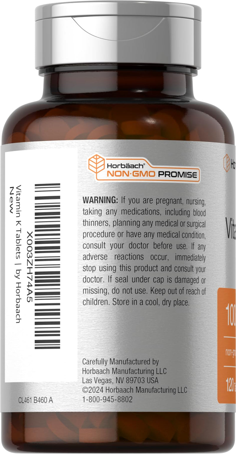 Horbäach Vitamin K Supplement | 100mcg | 120 Tablets | Vegetarian, Non-GMO & Gluten Free Supplement - BeesActive Australia