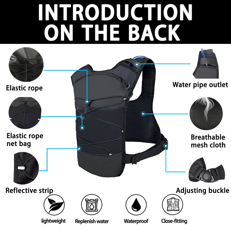 Running Vest 2L Water Bladder for Men & Women, Lightweight Breathable Reflective Design, Adjustable Shoulder Straps with Phone Pocket, Ideal for Cycling & Mountain Sports Black F - BeesActive Australia