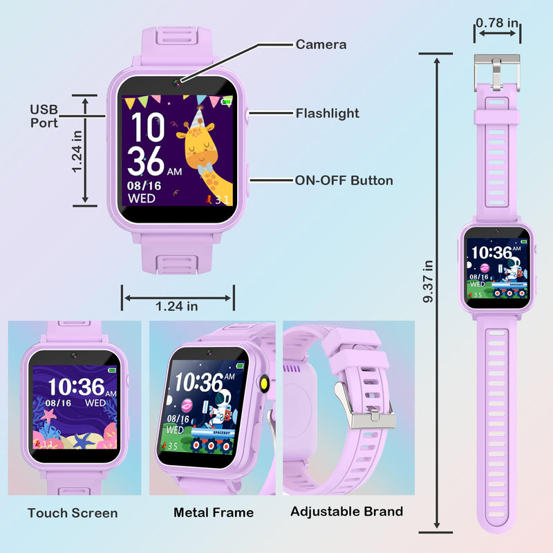 Kids Smart Watch Gift for Girls Age 3-12, 24 Games HD Touch Screen Girls Watch with Camera Video Music Player Pedometer Flashlight 12/24 hr Toys Gifts for 6 7 8 9 10 Year Old Girl Birthday Gift Purple - BeesActive Australia