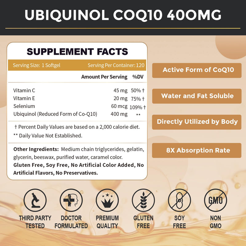 ZEBORA Ubiquinol CoQ10 400mg Softgels, 120 Servings | 4-in-1 Powerful Antioxidant, Heart and Vascular Health, Essential for Energy Production, Max Absorption Active Form of CoQ10 120 Count (Pack of 1)