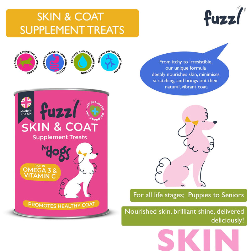 Fuzzl Itch Relief Skin & Coat Supplement Max Strength - Science Backed, Vet Approved, Made in UK - Omega 3 & Vitamins - Daily Anti-Itch Supplement for Dry Skin, Healthy Shiny Coat - 60 Treats Skin 60s