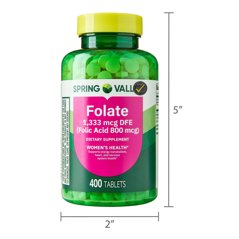 Folate 1,333 mcg DFE (Folic Acid 800 mcg), Dietary Supplement for Women’s Health, 400 Tablets + Quality Check Sticker