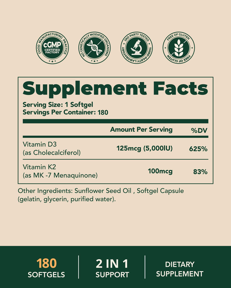Vitamin D3 K2 5000IU, All-Trans MK-7 100mcg, 180 Softgels | Sunflower Seed Oil, GMP-Certified, Gluten Free, Bone & Heart Health, Immune Support, 3rd-Party Tested 180 Count (Pack of 1)