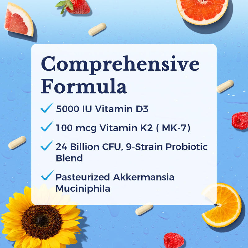 Vitalitown D3 + K2 Probiotics, 5000 IU D3, 100 mcg K2 as MK-7, 24 Billion CFUs, 9 Strains, Pasteurized Akkermansia Muciniphila, Non-GMO, Energy, Mood & Digestive Health, 30 Capsules