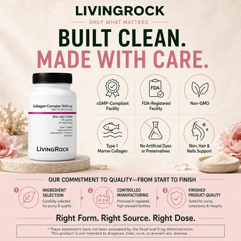 LivingRock Marine Beauty Collagen Complex for Skin, Hair & Nails with Type 1 Marine Collagen, Hyaluronic Acid, Astaxanthin, Vitamins C & E, 90 Capsules, 45-Day Supply