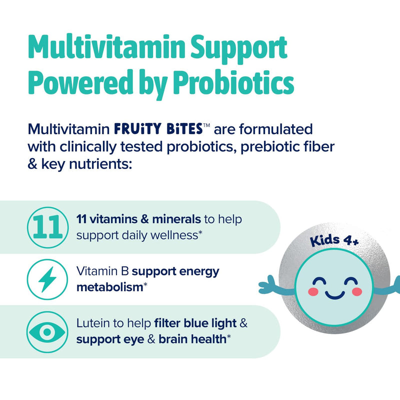 Biostime Kids Multivitamin Gummies with Probiotics & 11 Essential Vitamins (Ages 4+) | Multivitamin for Kids | No Added Sugar Fruity Bites | Free from Top 9 Allergens | 50 Count