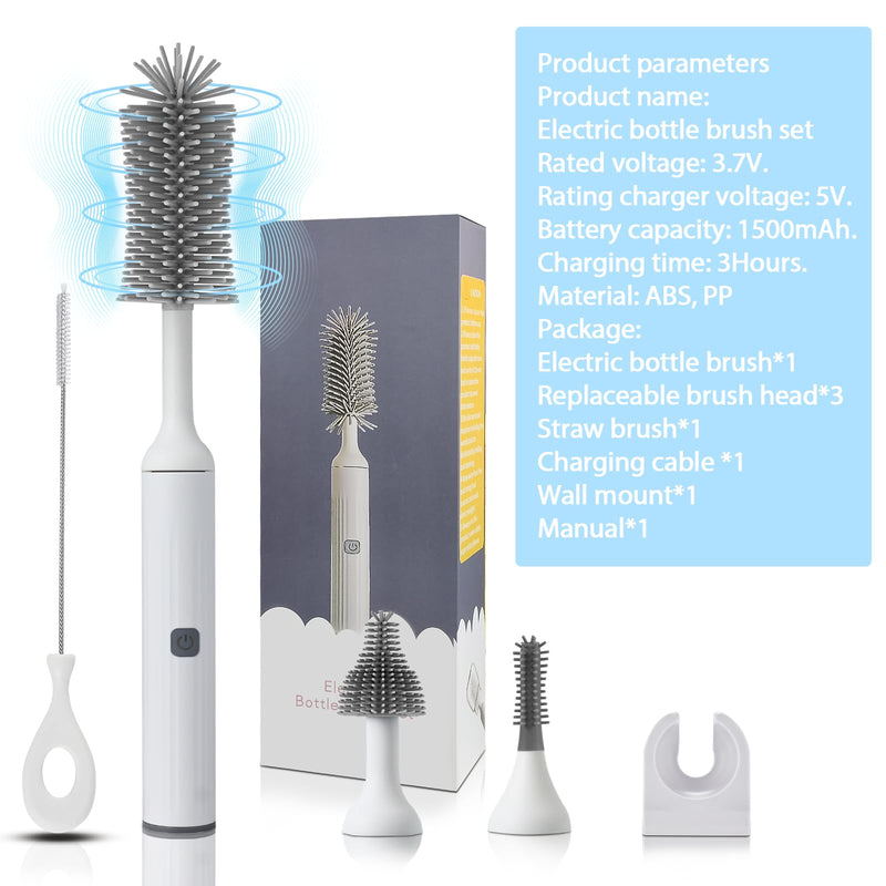 Electric Baby Bottle Brush Set with Rechargeable Electric Bottle Brush Cleaner and Replaceable Silicone Bottle Brushes and Straw Brush Cleaner, Waterproof Multi-Purpose Cleaning Brush (White) White - BeesActive Australia