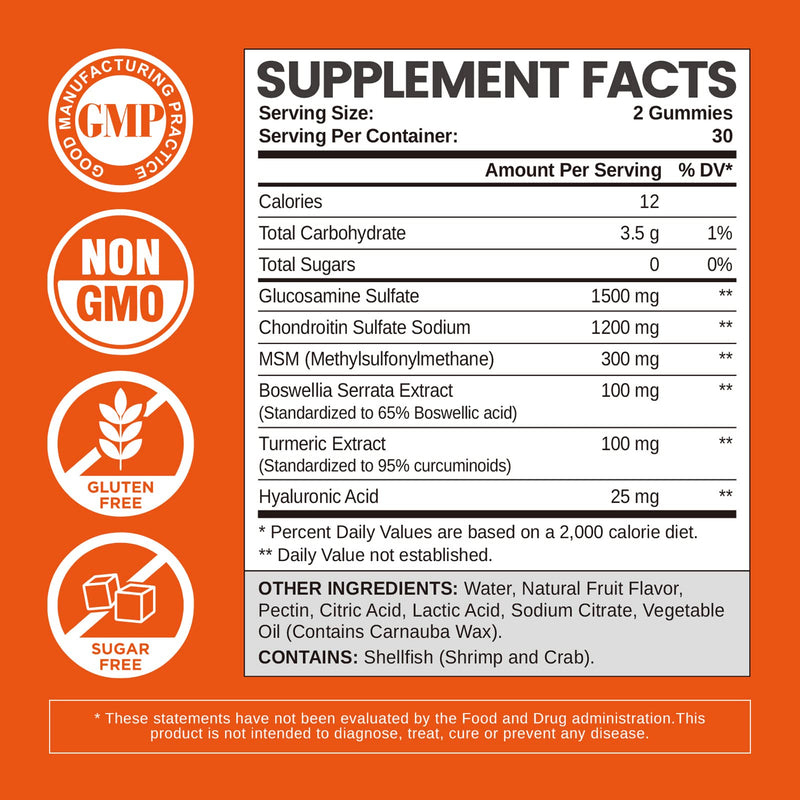 Glucosamine Chondroitin Gummies Sugar Free, Gummies Supplements for Adults Men & Women, 60 Count 1