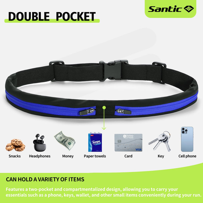Santic Fanny Packs Running Waist Pack Belt Bag with 2 Zipper Pockets for Jogging Hiking Cycling Workout Black Blue