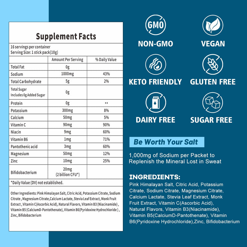 Electrolyte Powder Packets with 2 Billion CFU Probiotics - 1000mg Sodium for Rapid Hydration & Recovery - Sugar-Free Drink Mix with Pink Himalayan Salt, B-Vitamins, Zinc & Magnesium - 16 Stick Packs Variety Classic