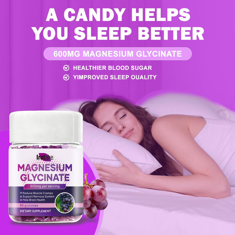Magnesium Glycinate Gummies 600mg - Sugar Free Raspberry Chews with L-Threonate, Vitamin D3 & B6 - Supports Relaxation, Sleep & Nervous System Health - 90 Gummies (Grape) 1 Count (Pack of 1)