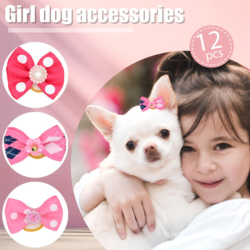 12 Pcs Small Dog Hair Bows with Rubber Bands Bowknot Dog Hair Accessories for Puppy Kitten (Pink) Pink - BeesActive Australia
