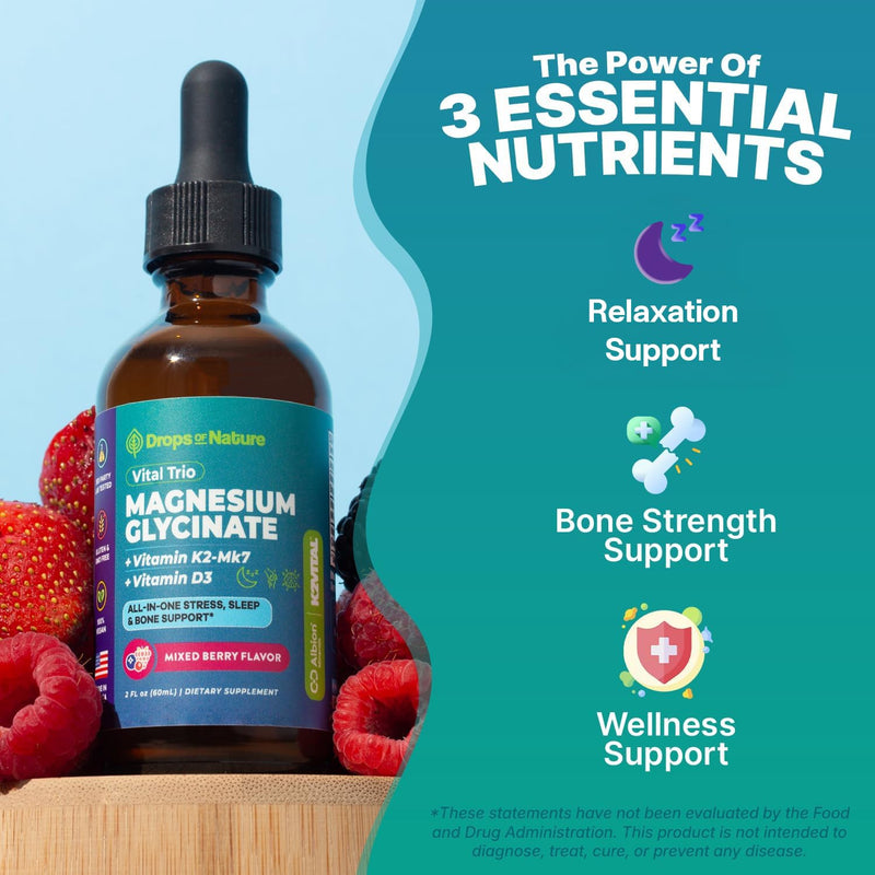 Drops Of Nature Magnesium Glycinate with Vitamin D3 K2 - Mixed Berry, 60 mL | Mineral & Vitamin Supplement Blend with Magnesium Bisglycinate & Vit D3 K2 MK-7, Calm & Bone Support, Vegan, Easy to Absorb